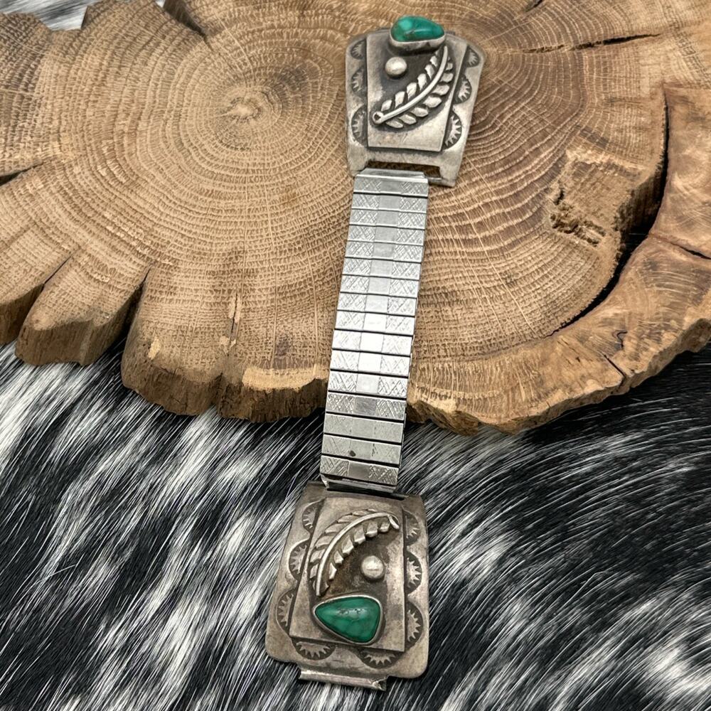 1950s Native American NAVAJO Sterling & Green Turquoise Watch Tips With Band